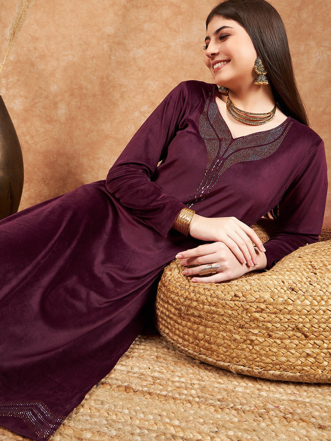 Beads and Stones Embellished Winter Velvet Straight Kurta & Trousers