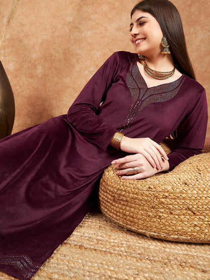 Beads and Stones Embellished Winter Velvet Straight Kurta & Trousers