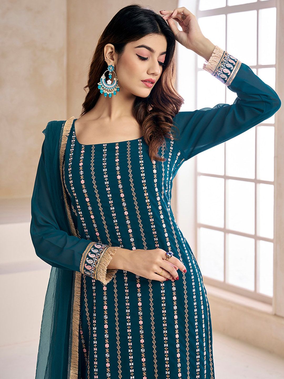Dhiyona IN Teal Striped Embroidered Beads & Stones Straight Kurta & Palazzos With Dupatta
