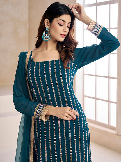 Dhiyona IN Teal Striped Embroidered Beads & Stones Straight Kurta & Palazzos With Dupatta