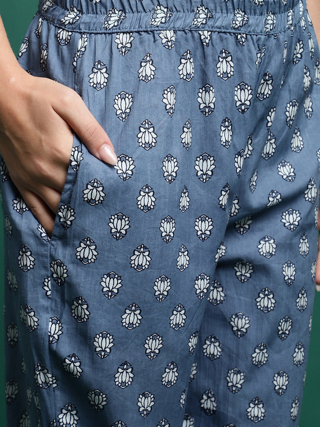 Floral Printed Pure Cotton Anarkali Kurta With Trousers & Dupatta