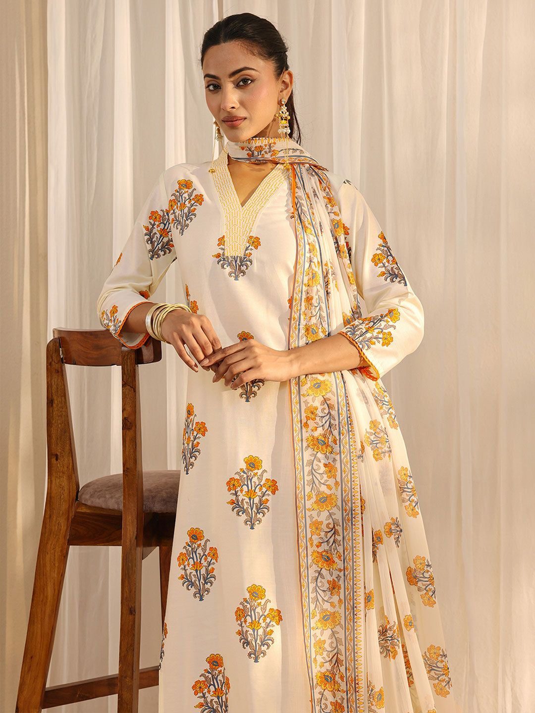 Off White Floral Printed Chanderi Silk Straight Suit Set with Dupatta