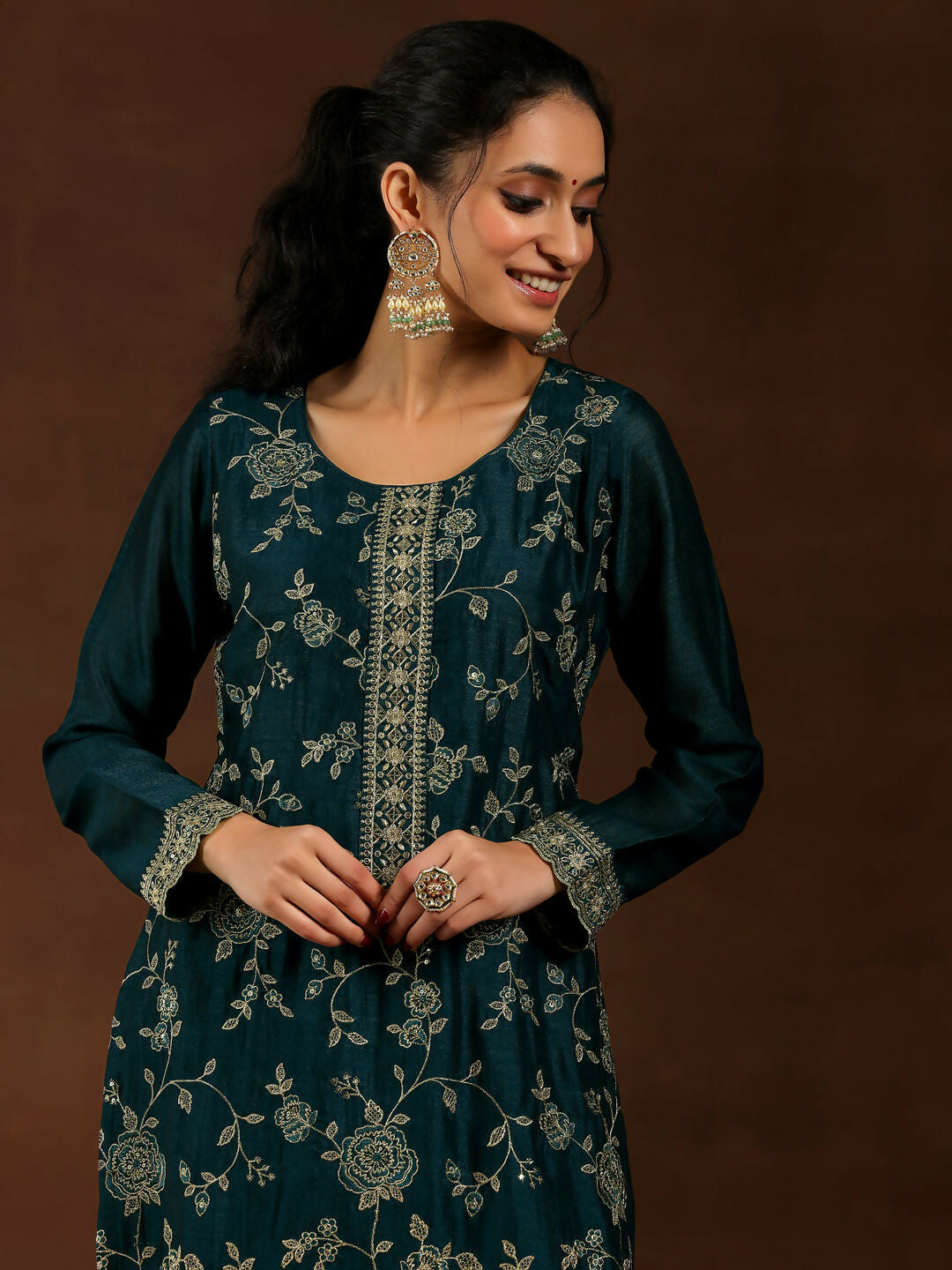 Women's LB Teal Embroidered Silk Blend Straight Suit With Dupatta