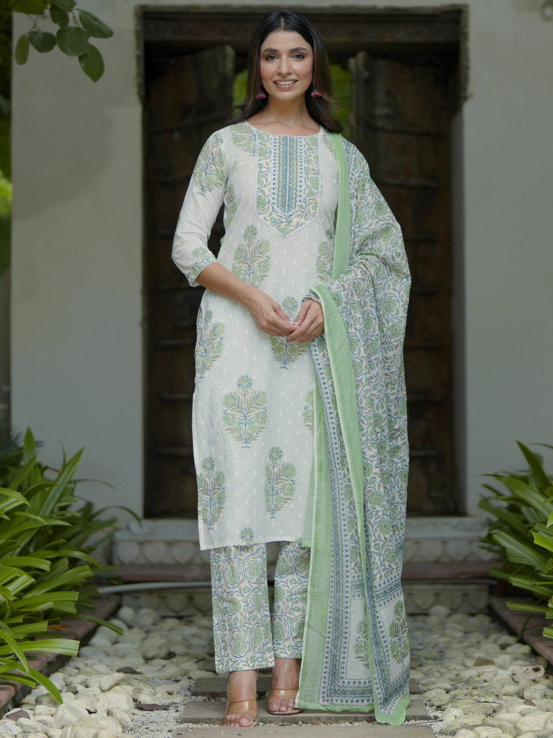 Floral Printed Gotta Patti Pure Cotton Straight Kurta with Trousers & Dupatta