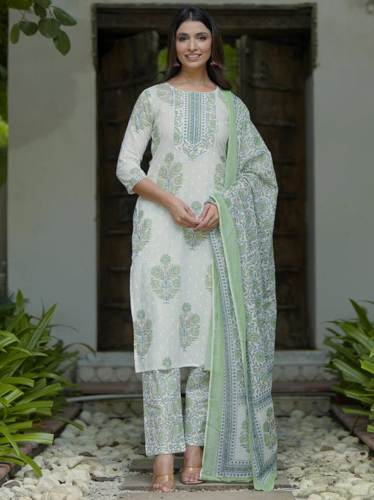 Floral Printed Gotta Patti Pure Cotton Straight Kurta with Trousers & Dupatta