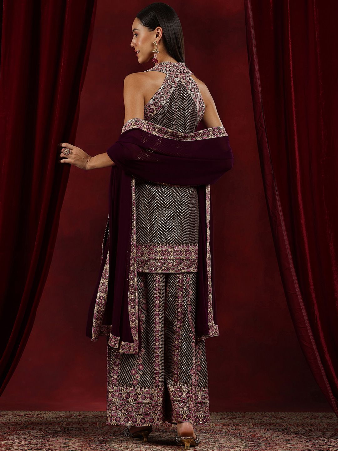 Dhiyona LL Chevron Embroidered Regular Sequinned Georgette Kurta With Palazzo With Dupatta