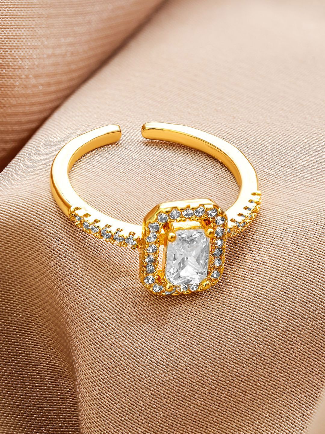 Dhiyona RJ Women's 18K Gold-Plated Adjustable White Cubic Zirconia Studded Rectangular Halo Ring