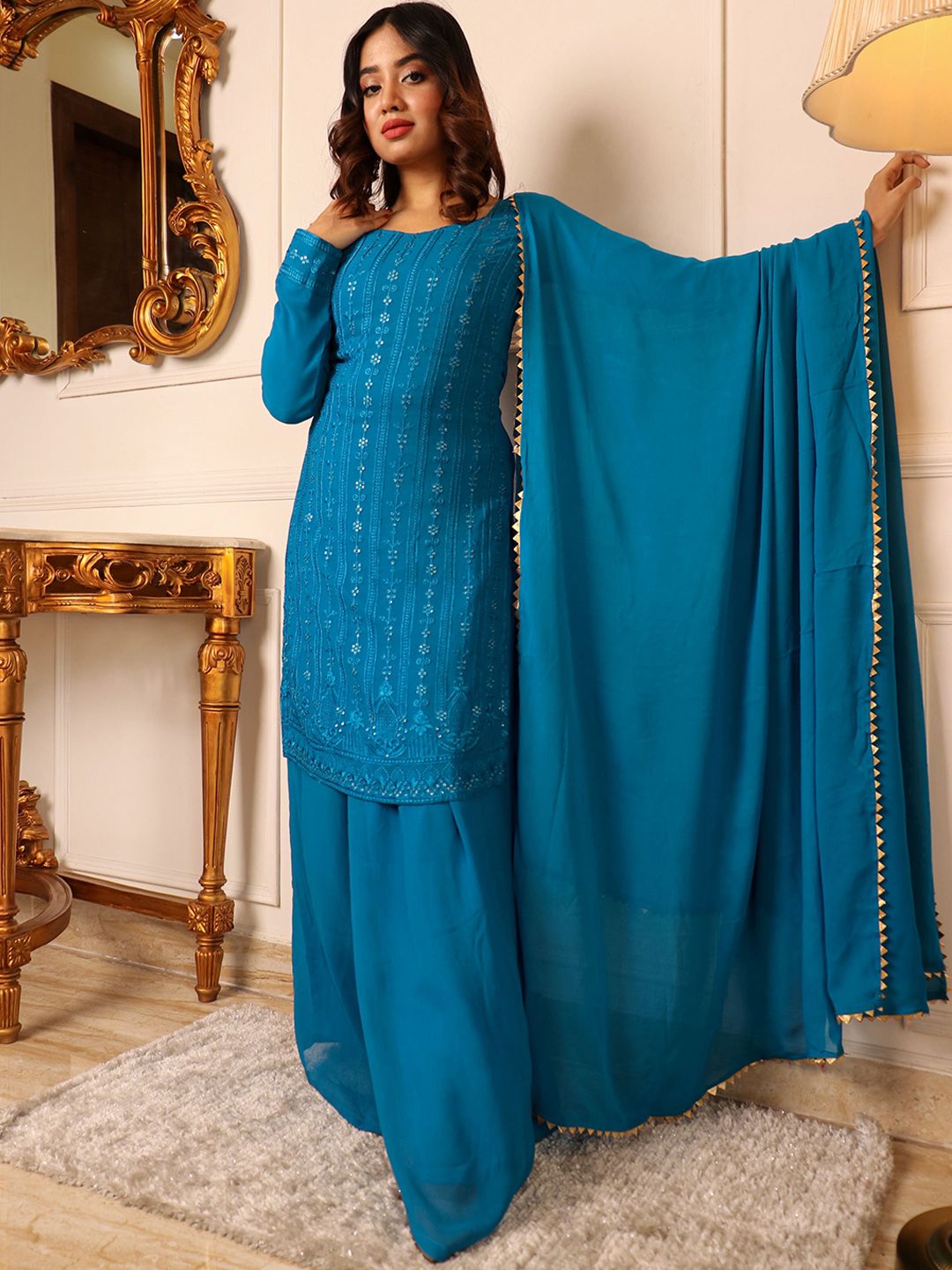 Dhiyona KL Embroidered Mirror Work Silk Georgette Kurta with Palazzos & Dupatta