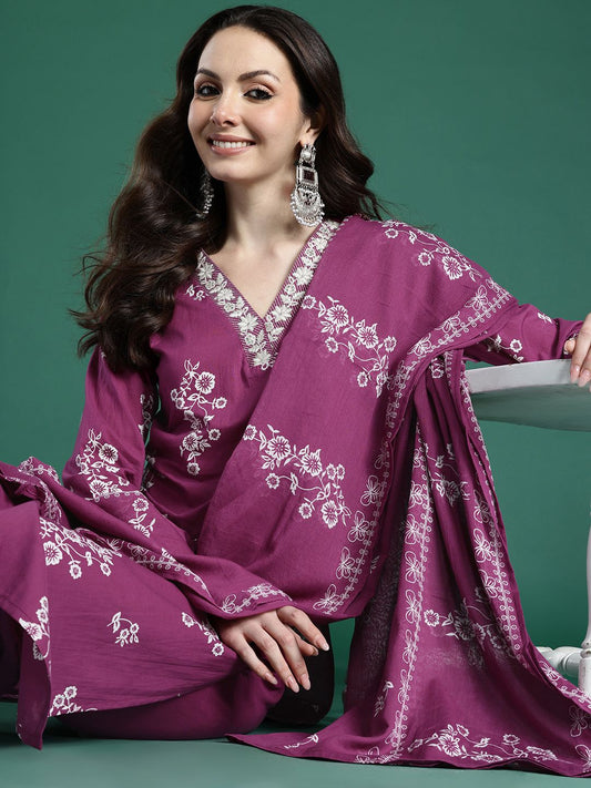 Floral Printed Sequinned Pure Cotton Kurta with Trousers & With Dupatta