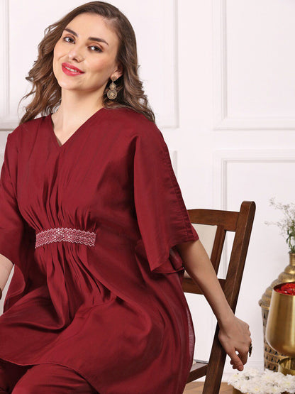 Dhiyona IS Women's Maroon Kimono Sleeve Asymmetric Kaftan Kurti with Trousers