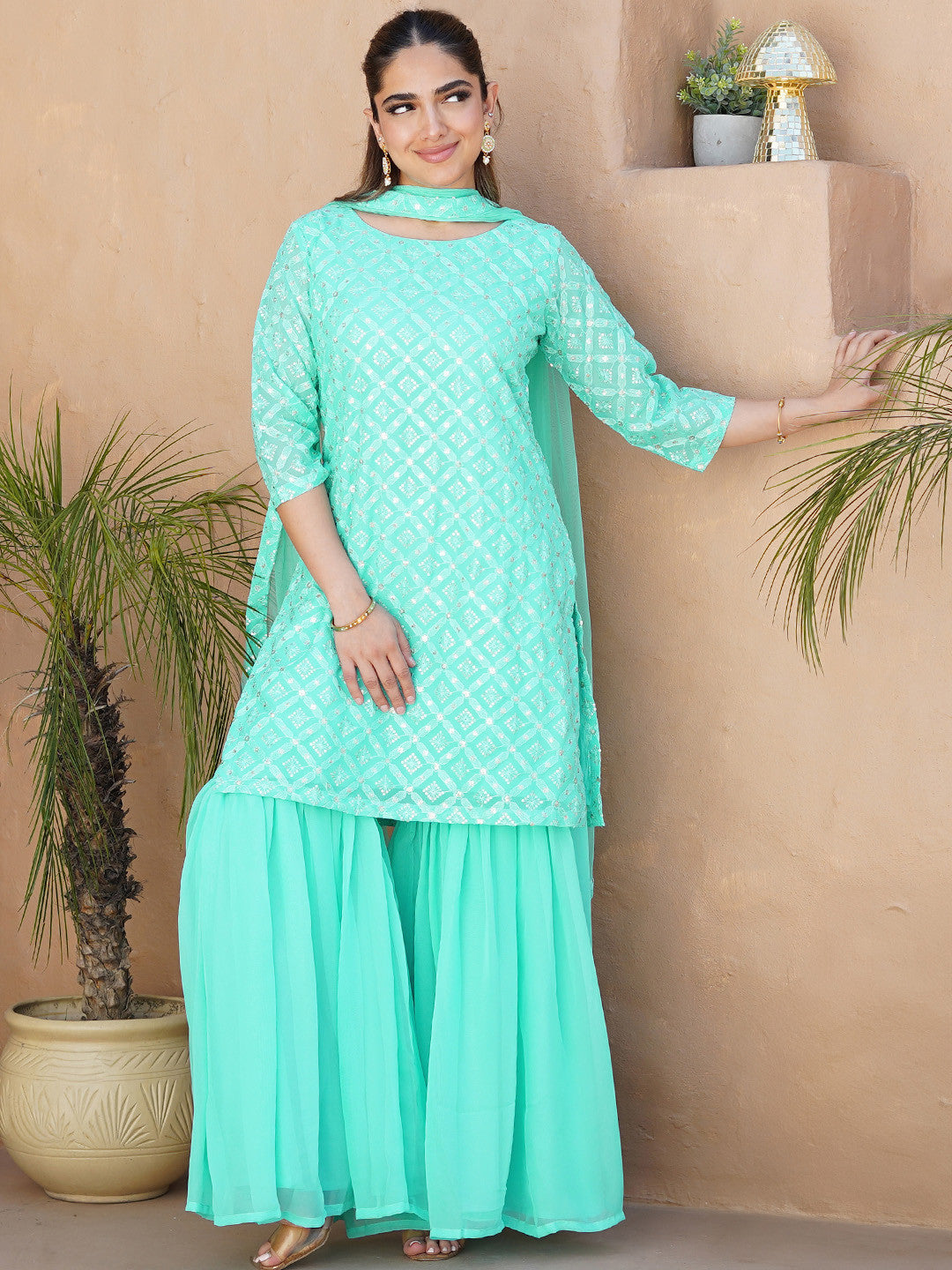Womens Sea Green Embroidered Georgette Straight Kurti With Sharara & Dupatta