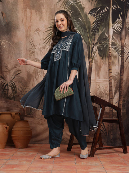 Ethnic Motifs Foil Print Gotta Patti Detail A-Line Kurta with Salwar & Dupatta