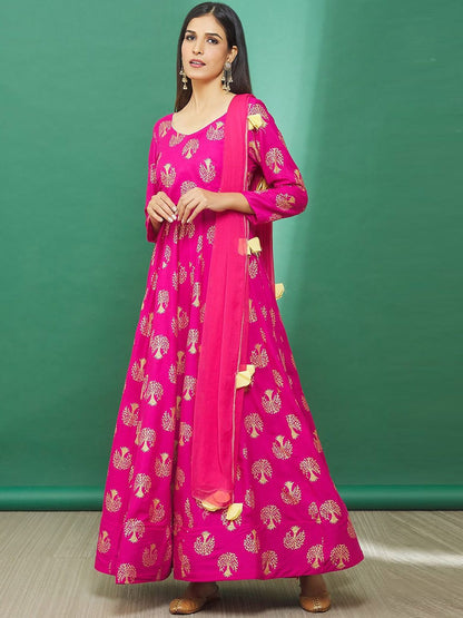 Dhiyona KL Women Floral Foil Printed Anarkali Kurta with Palazzos & With Dupatta