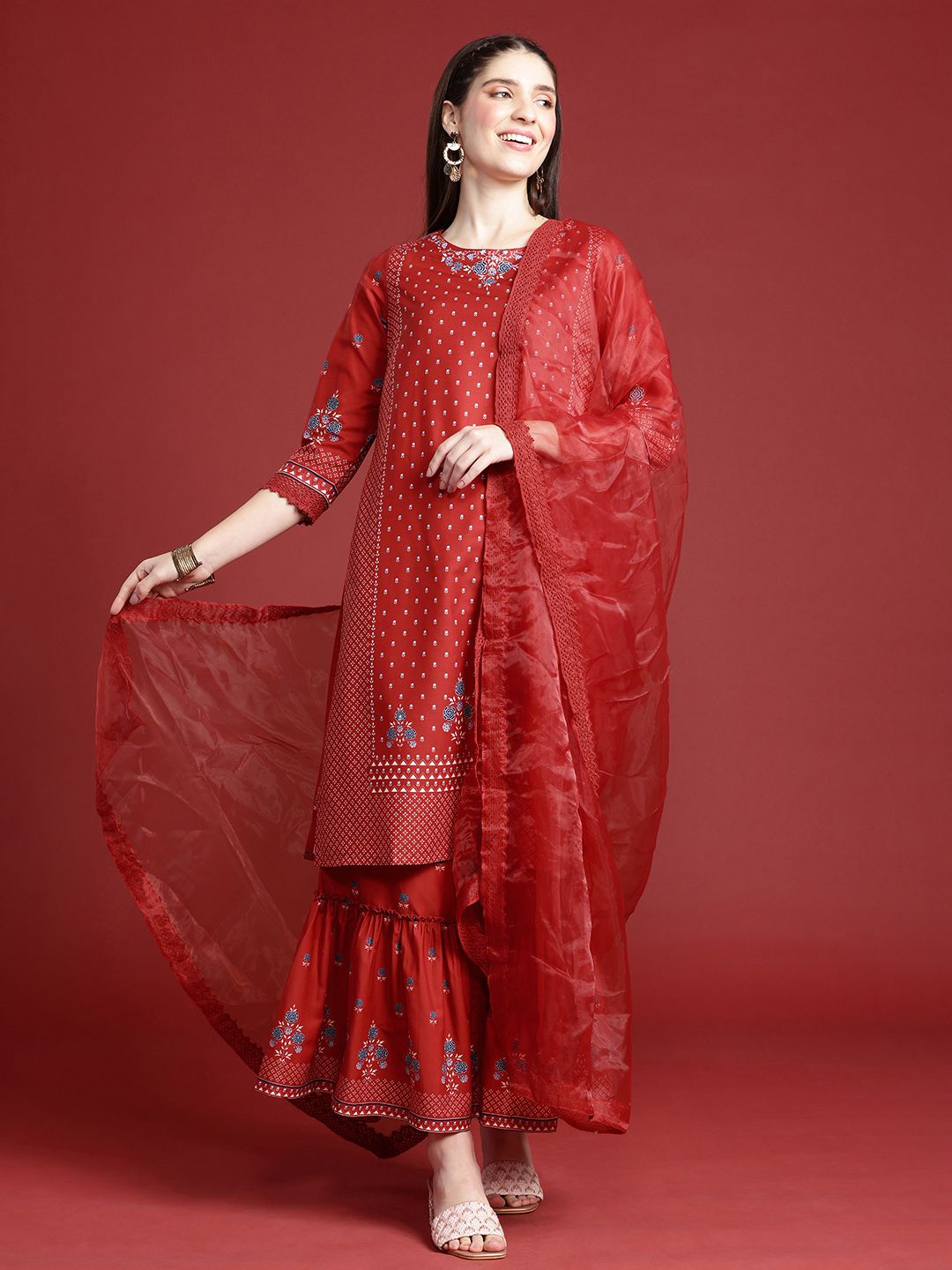 Dhiyona AN Ethnic Motifs Printed Kurta with Sharara & With Dupatta