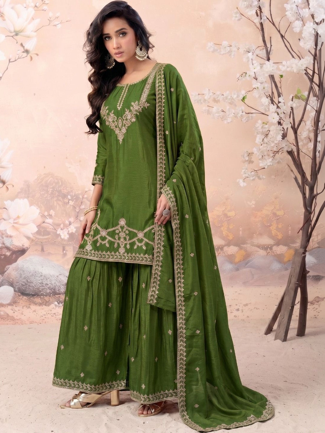 Women Ethnic Motifs Embroidered Regular Thread Work Kurta with Sharara & With Dupatta