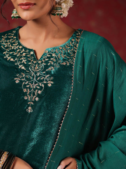 Dhiyona IS Women's Teal Ethnic Motifs Embroidered Thread Work Velvet Kurta With Trousers & Dupatta