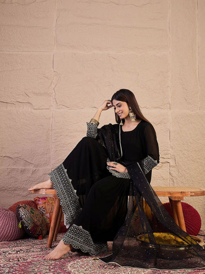 Dhiyona IN Ethnic Motifs Embroidered Straight Sequinned Kurta With Sharara & Dupatta
