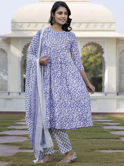 Dhiyona KL Floral Printed Gotta Patti Pure Cotton Anarkali Kurta With Trouser & Dupatta