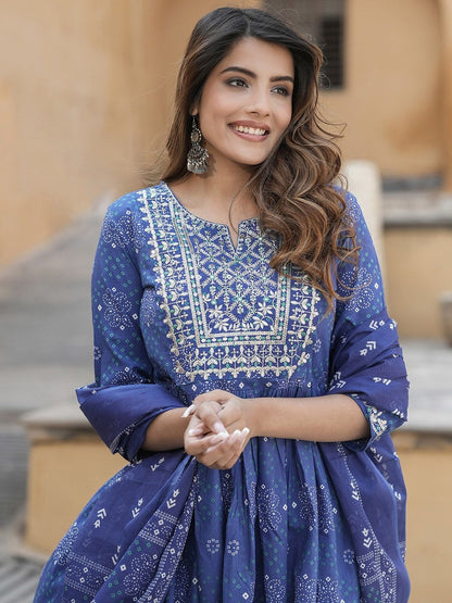 Dhiyona KL Notch Neck Bandhani Embroidered Regular Thread Work Pure Cotton Kurta Set