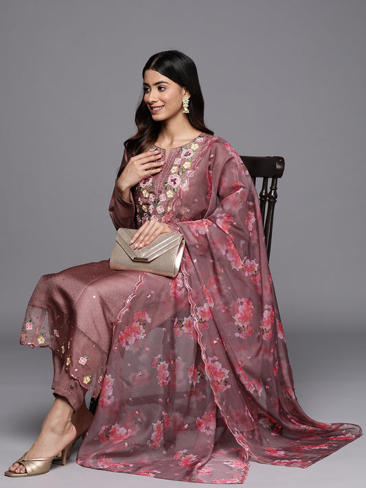 Women Mauve Floral Yoke Design Thread Work Kurta with Trousers & With Dupatta