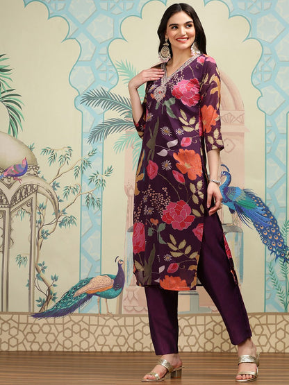 Dhiyona IS Women's Purple Floral Printed Thread Work Straight Kurta With Trousers & With Dupatta