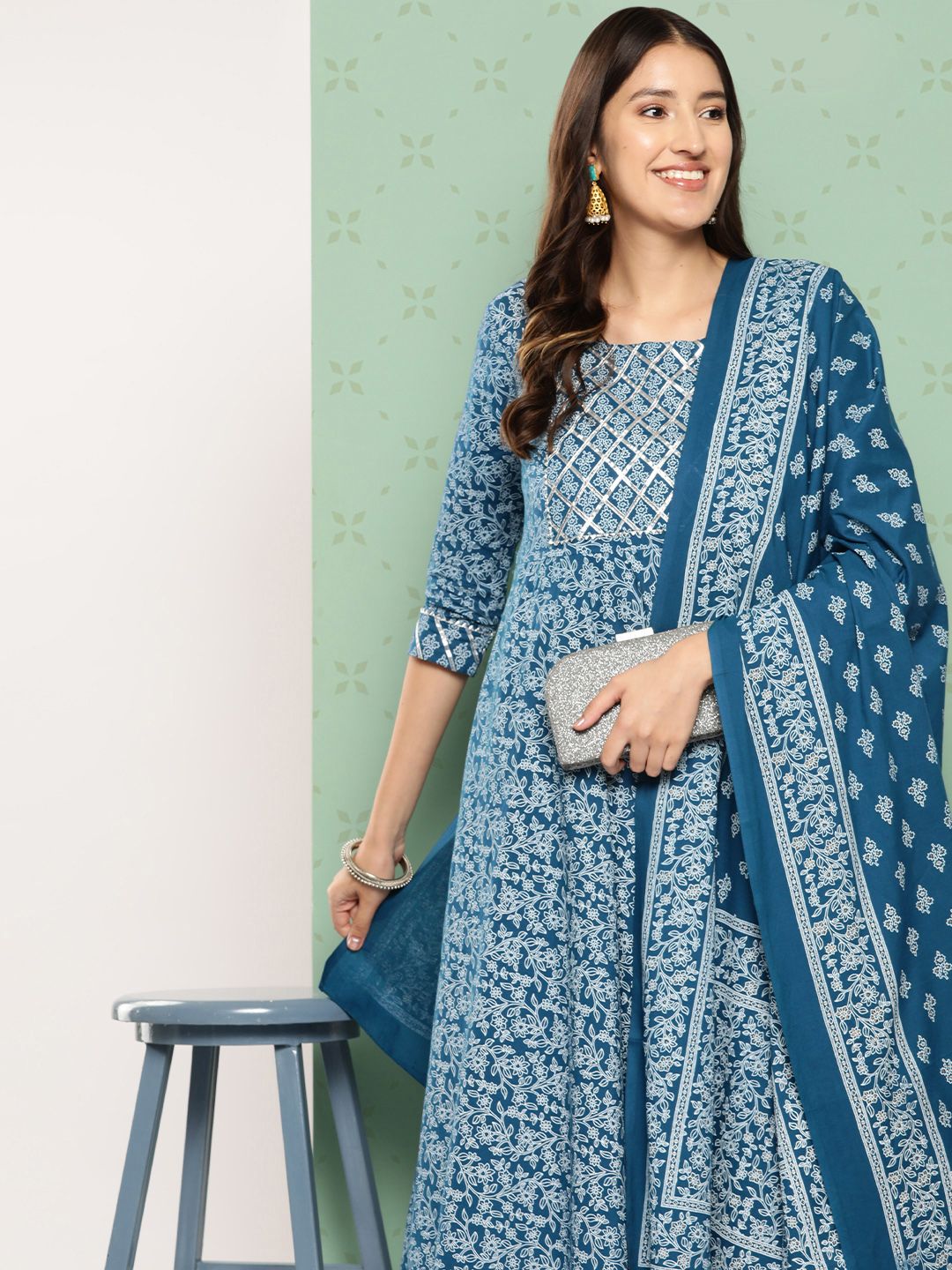 Dhiyona KL Women Ethnic Motifs Printed Empire Gotta Patti Kurta with Trousers & With Dupatta