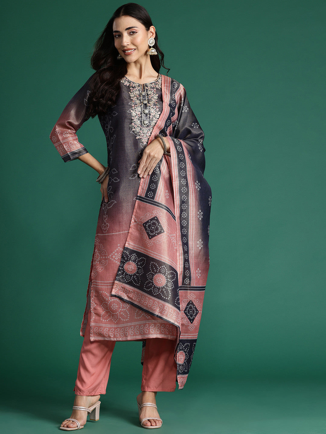 Bandhani Printed Thread Work Kurta with Trousers & With Dupatta