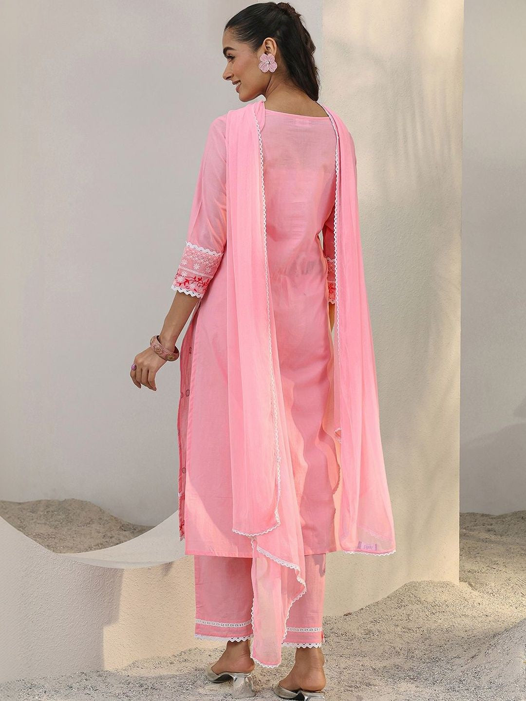Pink Floral Embroidered Cotton Straight Suit Set With Dupatta
