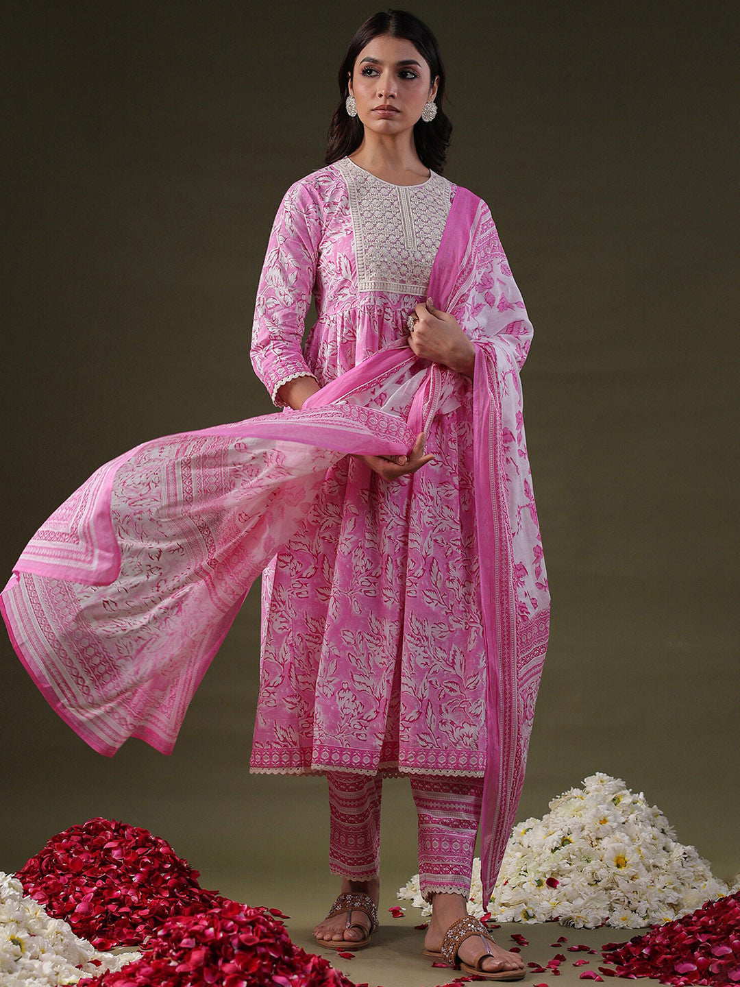 Floral Embroidered Round Neck Sequinned Pure Cotton A-Line Kurta Set