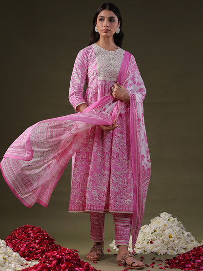 Floral Embroidered Round Neck Sequinned Pure Cotton A-Line Kurta Set