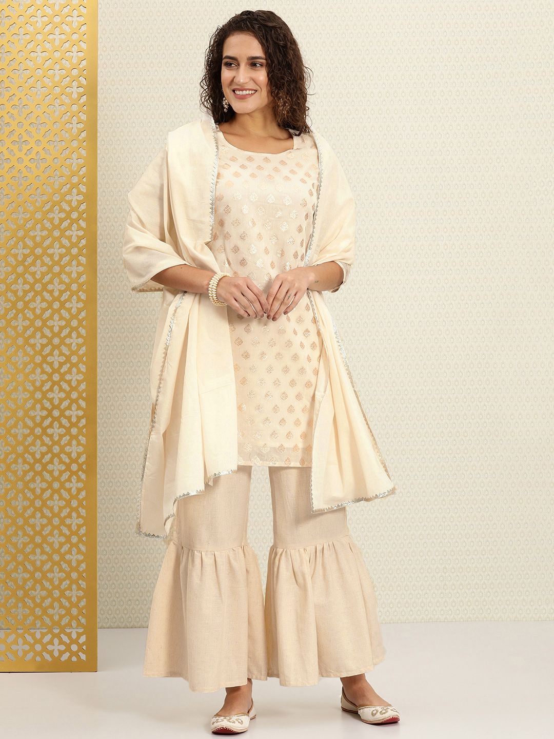 Dhiyona HOP Women Off White Dua Woven Design Zari Kurta with Sharara & Dupatta