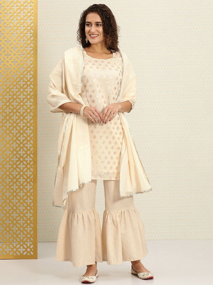 Dhiyona HOP Women Off White Dua Woven Design Zari Kurta with Sharara & Dupatta