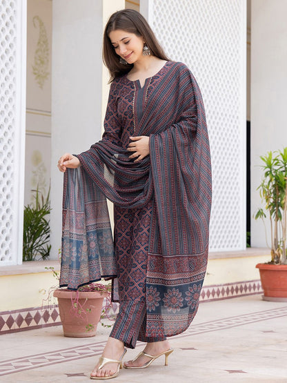 Dhiyona KL Ethnic Motifs Printed Regular Gotta Patti Straight Kurta with Trousers & Dupatta