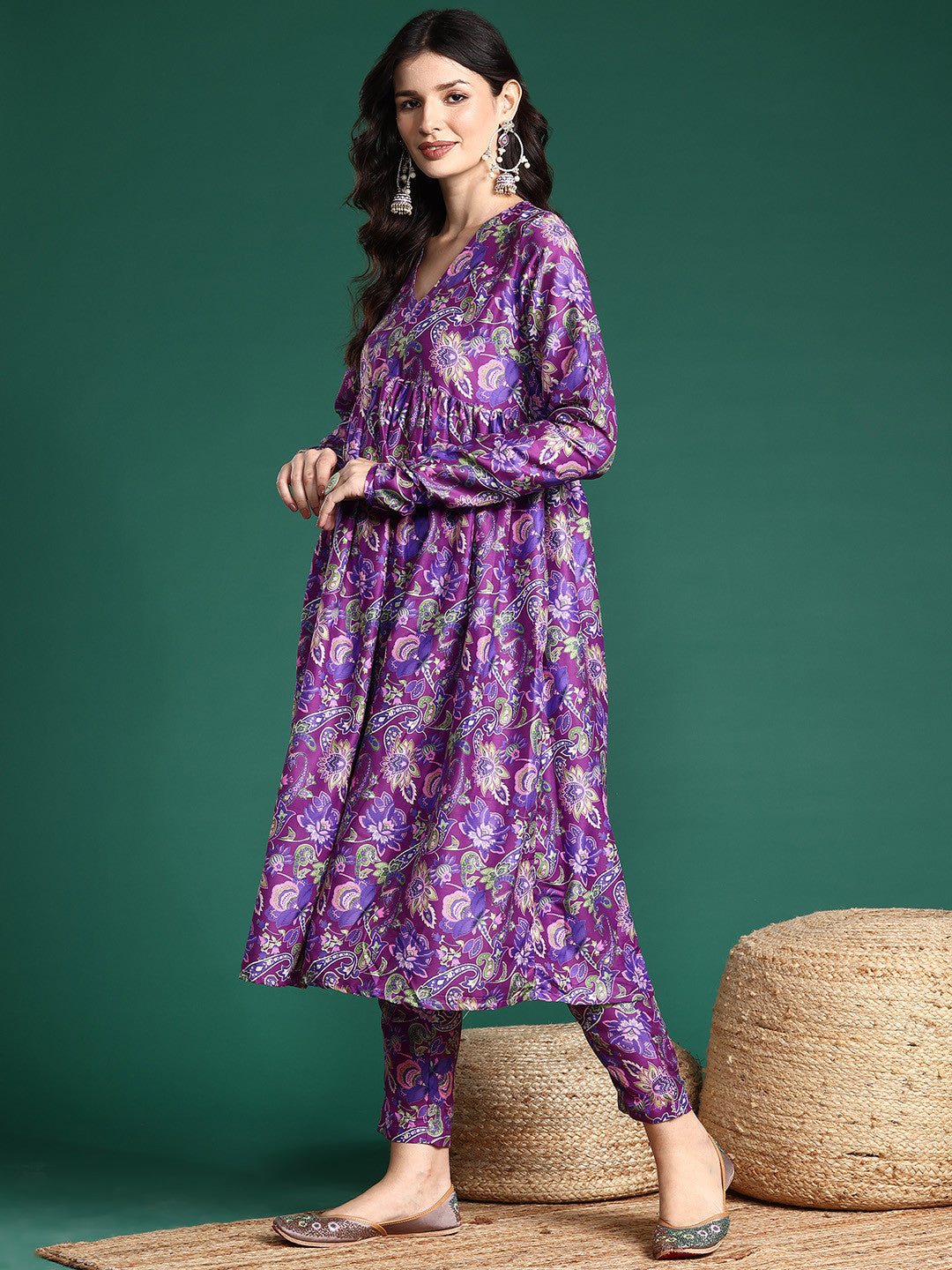 Ethnic Motifs Lurex Printed Layered Kurta Set