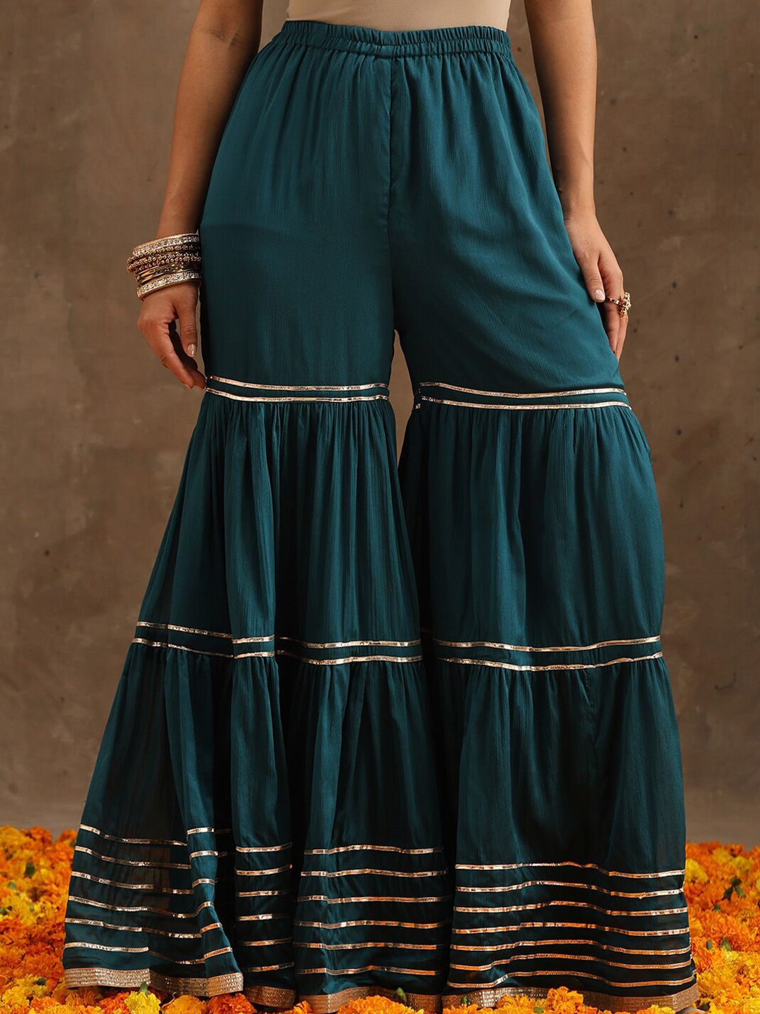 Dhiyona LL Womens Teal Yoke Design Straight Kurta With Sharara & Dupatta