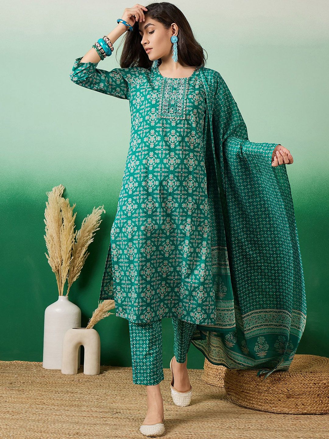 Dhiyona SN Women's Printed Pure Cotton Straight Kurta With Trousers & Dupatta