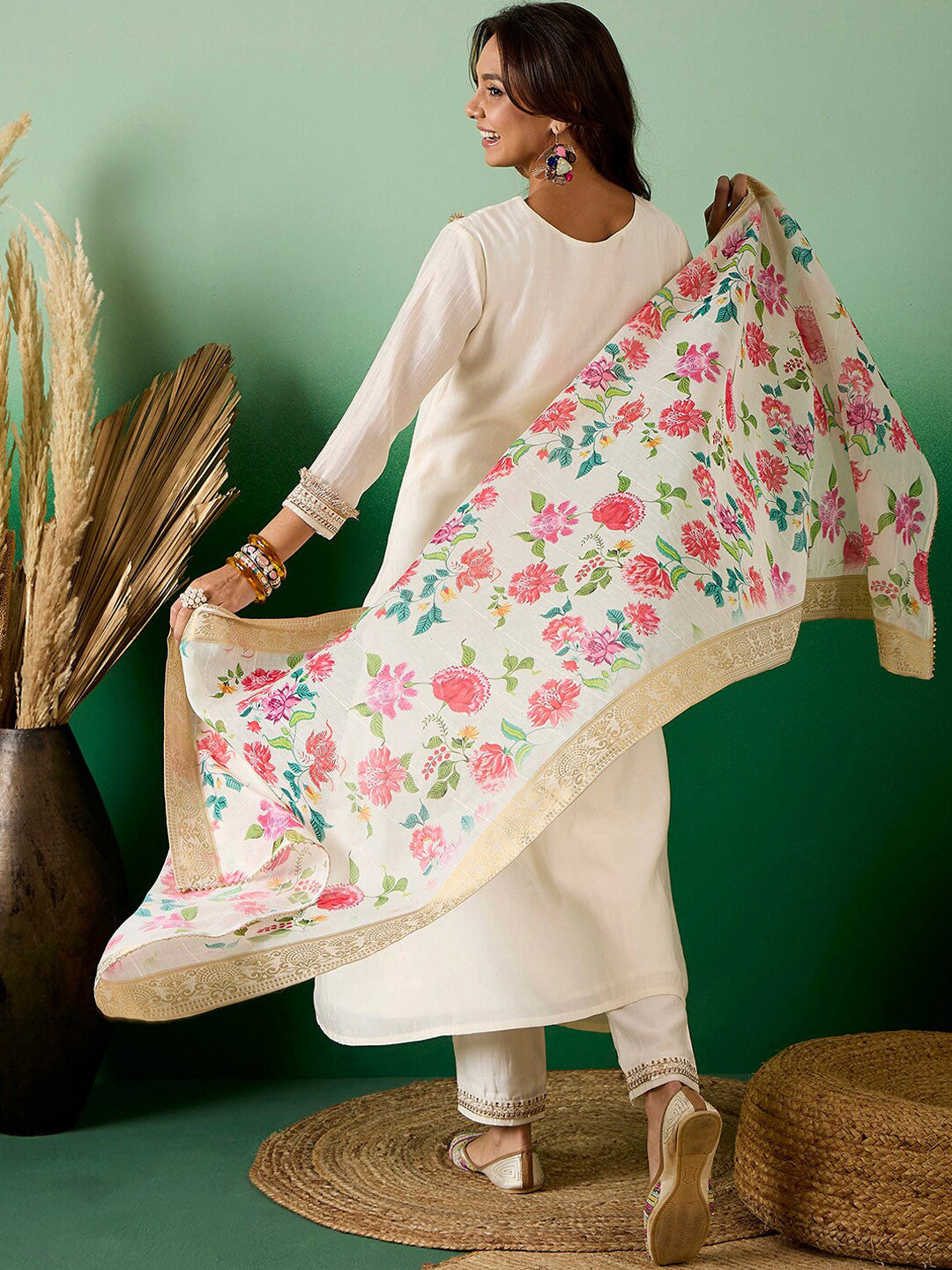 Off White Floral Embroidered Zari Sequence A-Line Kurta With Trouser & Dupatta