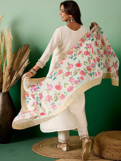 Off White Floral Embroidered Zari Sequence A-Line Kurta With Trouser & Dupatta
