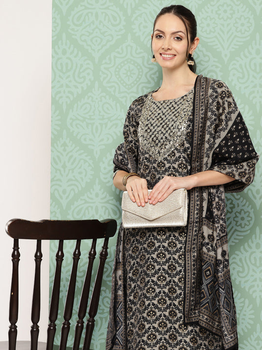 Ethnic Motifs Printed Thread Work Detail Straight Kurta with Trousers & Dupatta