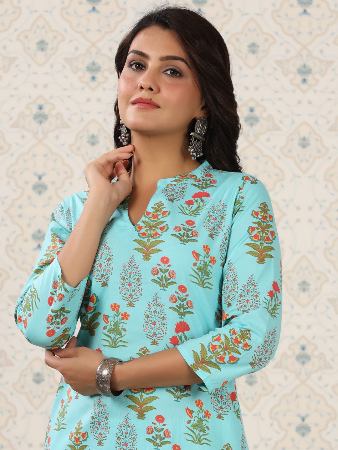 Dhiyona OD  Floral Printed Mandarin Collar Pure Cotton Kurta