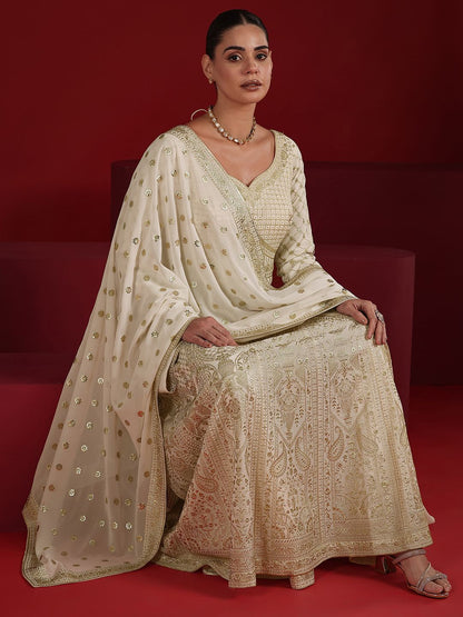 Dhiyona LL Womens Off White Embroidered Anarkali Kurta With Palazzos & Dupatta