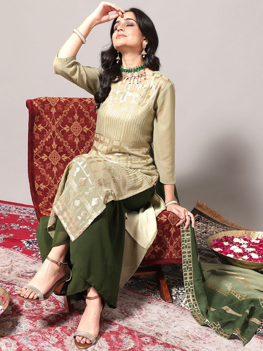 Dhiyona KL Embroidered Regular Sequinned Kurta With Palazzos & Dupatta