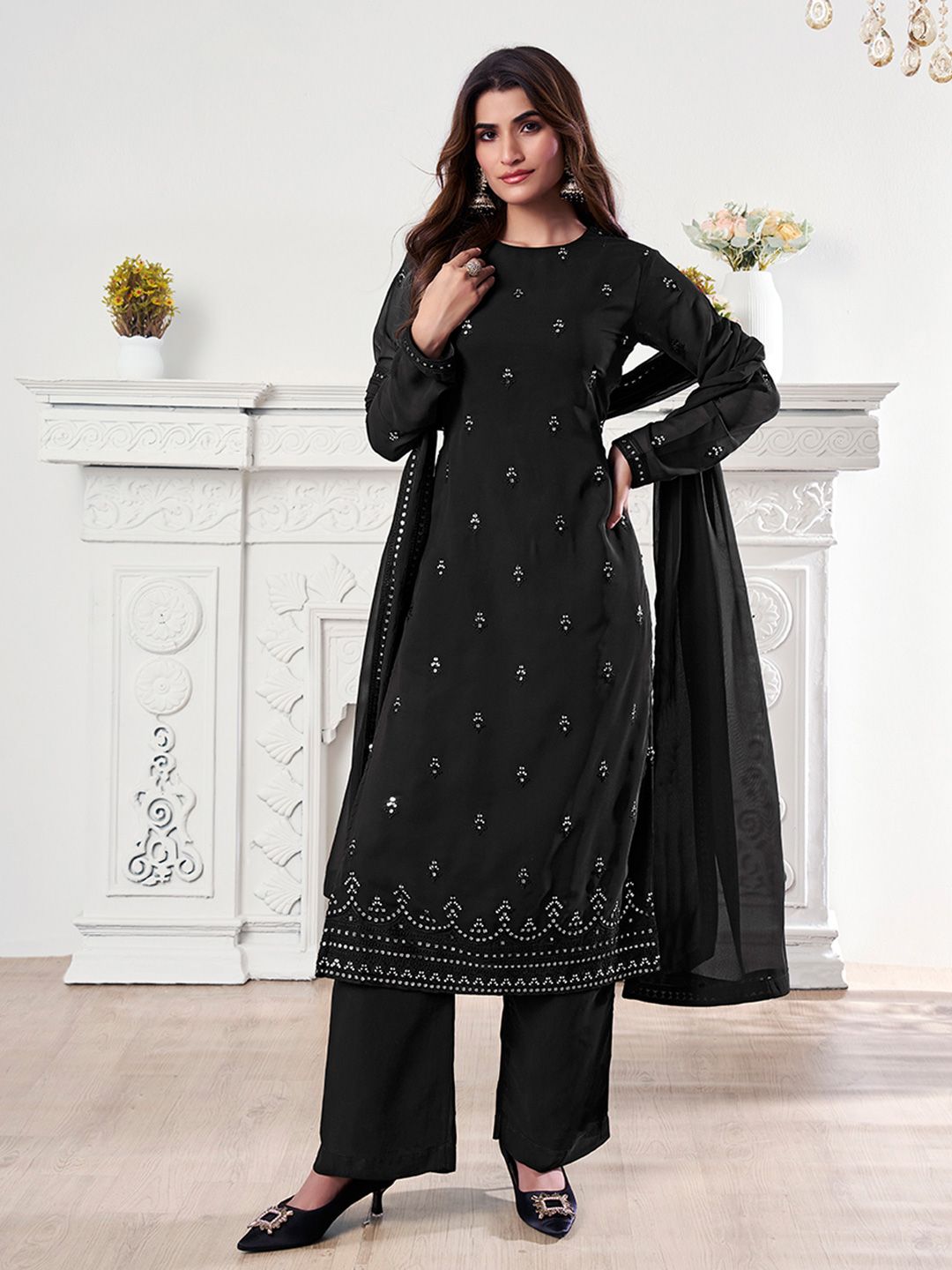 Dhiyona IN Women Ethnic Motifs Regular Sequinned Kurta with Palazzos & With Dupatta