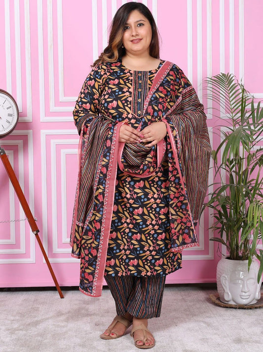 Dhiyona KL Plus Size Floral Printed Pure Cotton Straight Kurta with Trousers & Dupatta