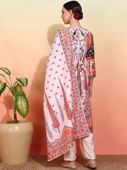 Dhiyona IS Women's Ethnic Motifs Printed Tie-Up Neck Straight Kurta With Trousers & Dupatta