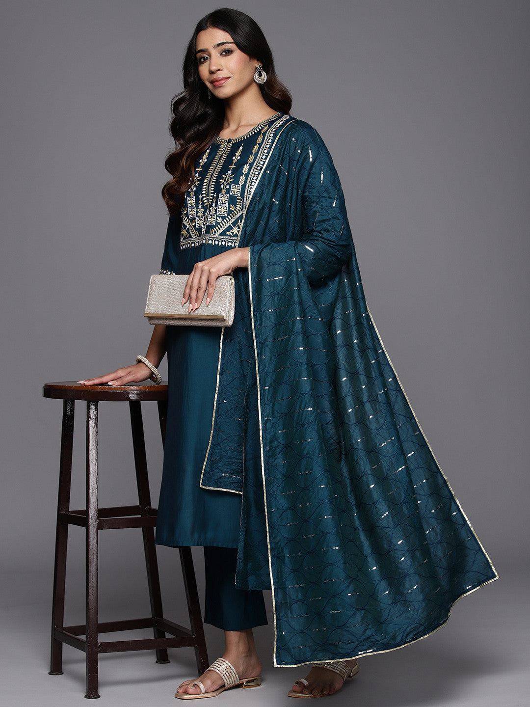 Women Floral Yoke Design Regular Kurta with Trousers With Dupatta