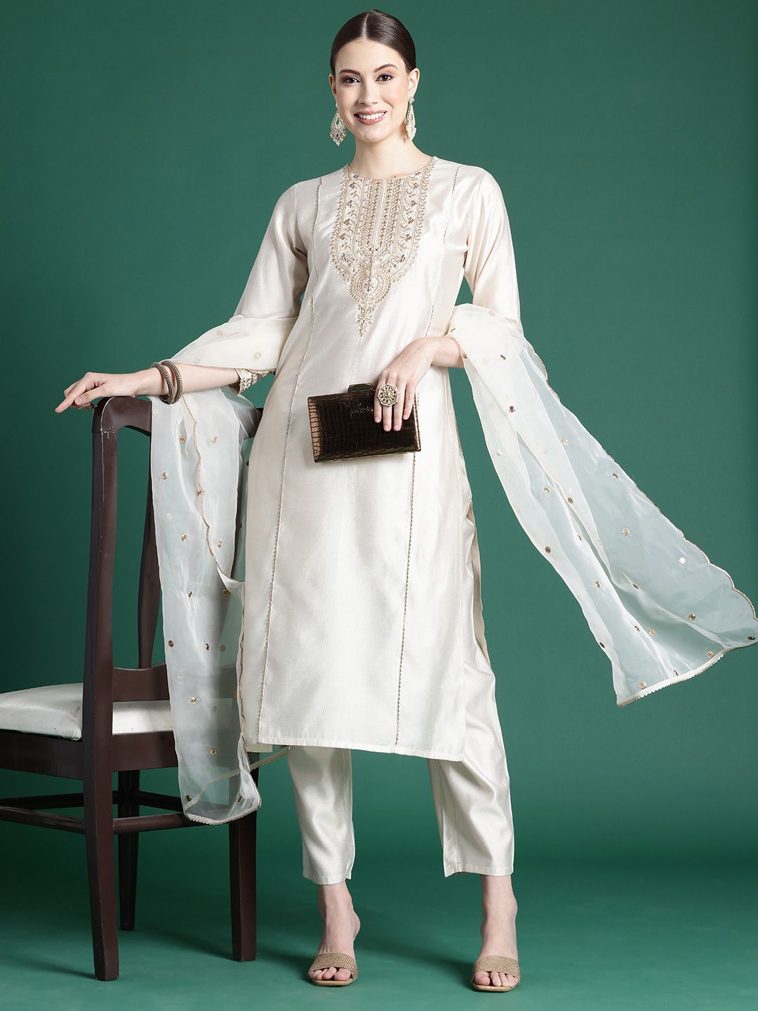 Dhiyona IE Ethnic Motifs Embroidered Panelled Liva Kurta With Trousers & Dupatta