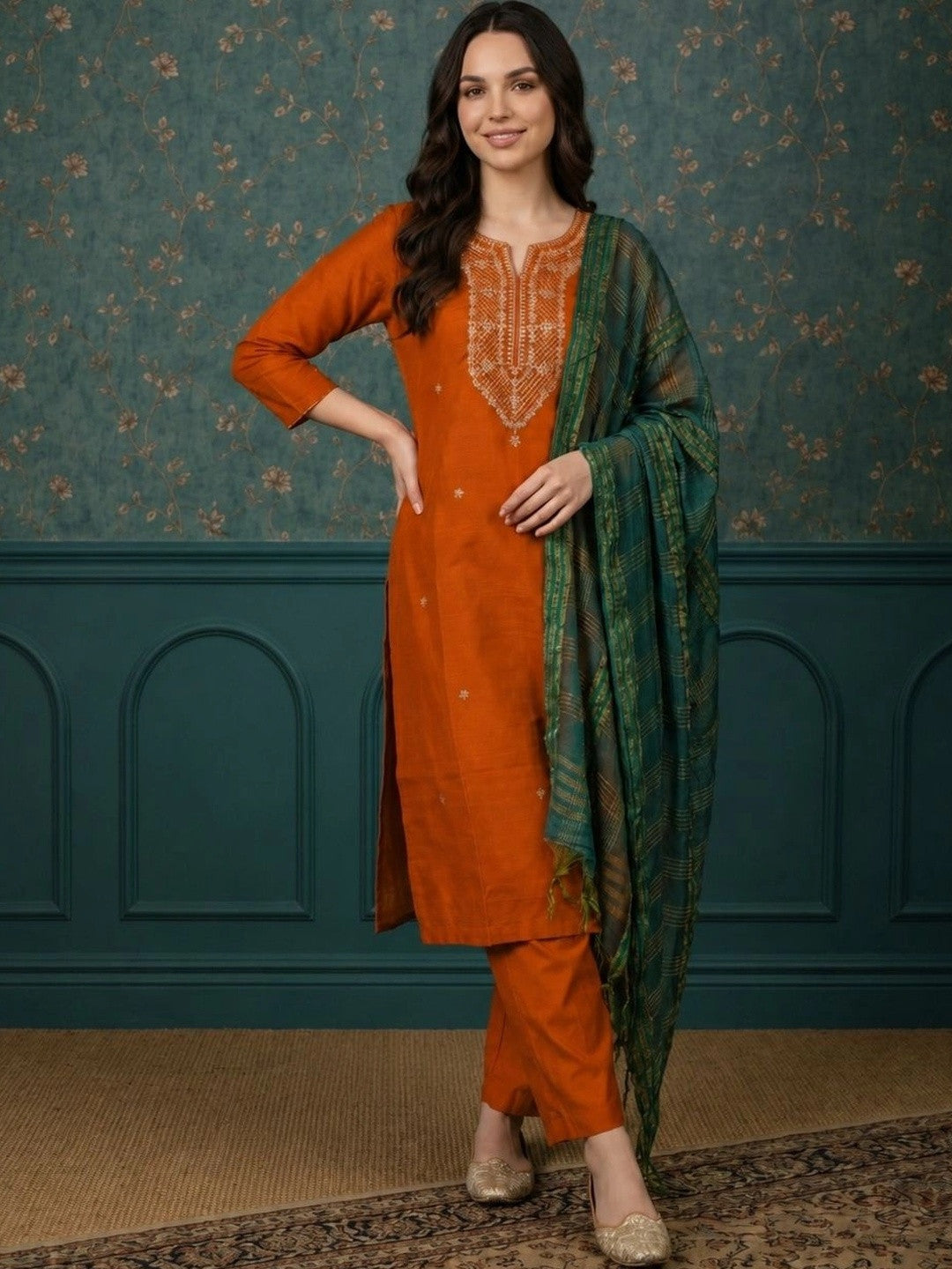 Women Ethnic Motifs Embroidered Regular Thread Work Kurta with Trousers & With Dupatta