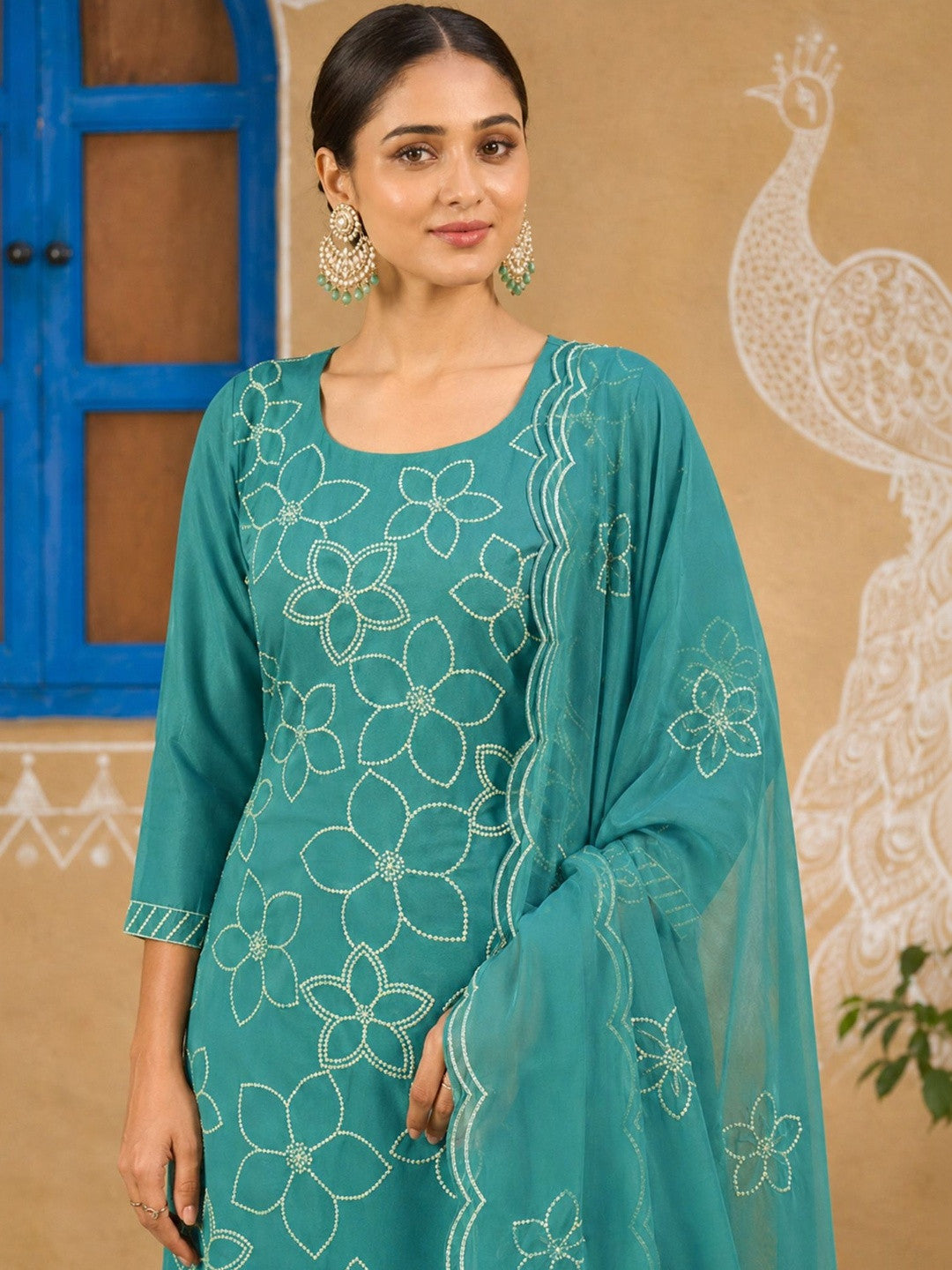 Embroidered Silk Blend Round Neck Kurta & Trousers With Dupatta