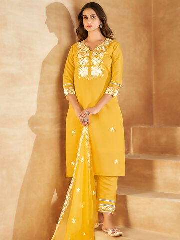 Women's Yellow Embroidered Straight Kurta Trousers With Dupatta set